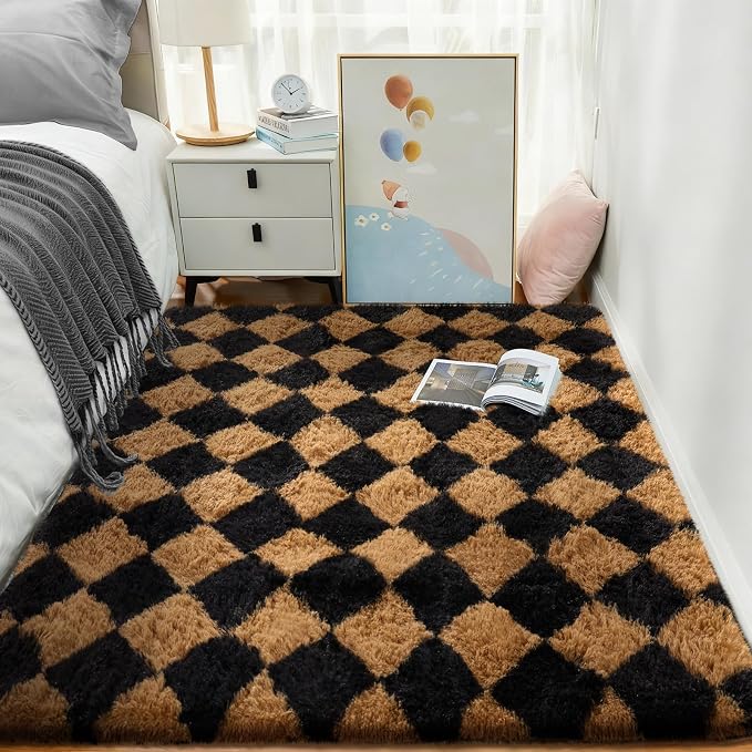 Ophanie Black & Beige Diamond Checkered Rugs for Living Room Bedroom,Rhombus Fluffy Soft Cute Fuzzy Area Rug,Plush Shaggy Bedside Floor 4x6 Furry Carpet Kids Dorm Decor with Over 99 pcs Pile fibers