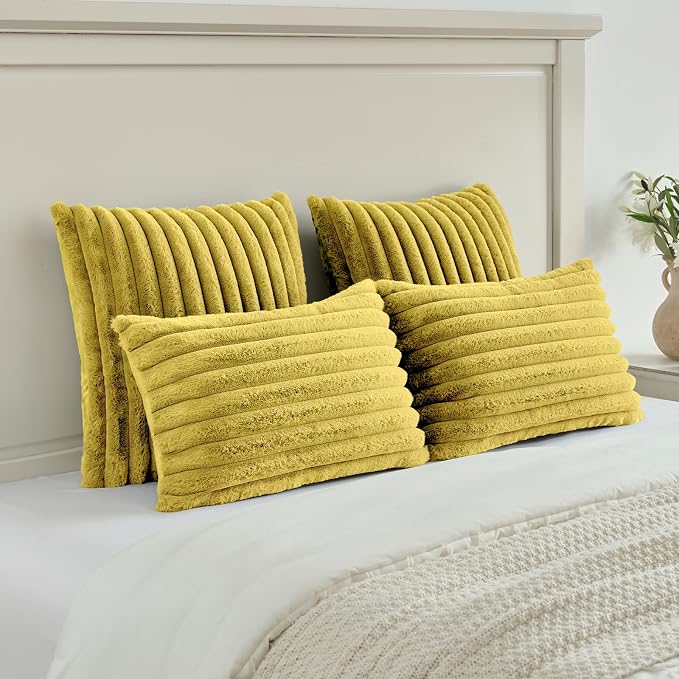 FUTEI Pack of 2 Faux Fur Throw Pillow Covers 22x22 Inch, Mustard Yellow | Fluffy Faux Rabbit Fur Front/Premium Velvet Back,Hidden Zipper,Machine Washable,Non-Shedding,Colorfast,Insert Not Included.