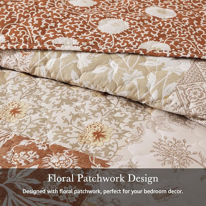 Quilts Queen Size-3 Pieces Soft Queen Bedspread Floral Patchwork Quilt | Lightweight Terracotta Quilt, Reversible Vintage Floral Bedding Set, All Seasons Bed Coverlet with 2 Pillow Shams, 90"x94"
