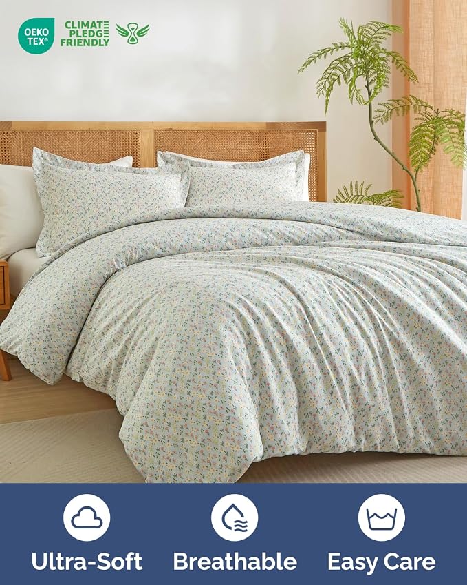 Duvet Cover Cal King - Floral Duvet Cover - 3 Piece - Sage Cottage Floral | Soft Floral Duvet Cover 104 x 98 with 2 Pillow Shams, Zipper Closures & Ties, Floral Bedding for Women, Men, Kids & Teens