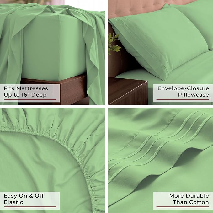 Mellanni Iconic 4-Piece, Ultra Soft Sheet Set (California King, Pistachio) | 10M+ Sleepers. Lab-tested: Sleeps Cool, Stays Bright, Strong, Smooth. Good Housekeeping Best Bedding, 7 yrs running.