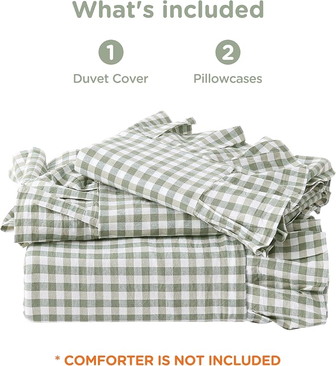 ATsense Green Gingham Ruffle Duvet Cover Set Cotton Like Linen, King | 100% Washed Cotton Linen-Like Feel Soft, Breathable & Comfy. Farmhouse Bedding Set with Zipper & 8 Ties. 3 Pcs, No Insert