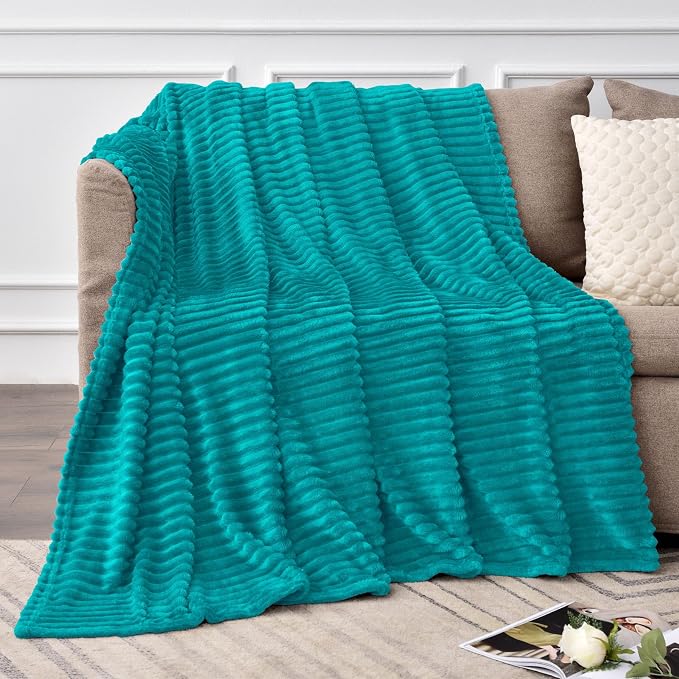BEDELITE 3D Ribbed Ocean Blue Fleece Twin Blanket for Couch, 60x80 Inch | Soft Warm Fluffy Blanket for Bed Sofa College Dorm Room Decor, Luxury Cozy Plush Birthday Gifts for Women Girls, Lightweight