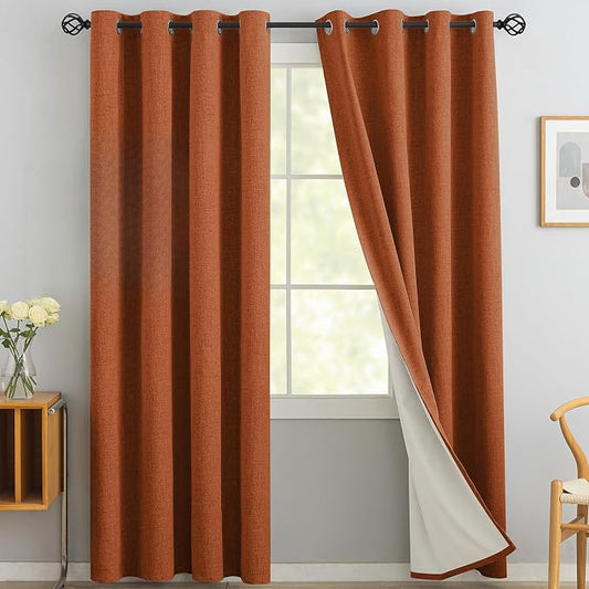 Yakamok Burnt Orange Linen Textured Curtains 96 Inches Long for Living Room | 100% Blackout Curtains,Room Darkening Curtains,Thermal Grommet Bedroom Curtain 2 Panels with Greyish White Liner,52W x 96L