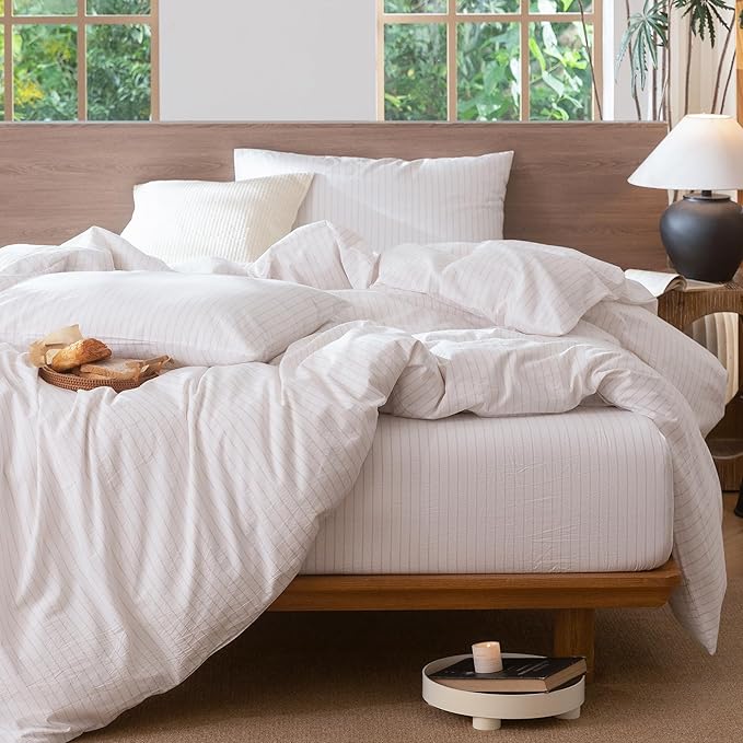 MooMee Striped Duvet Cover Set 100% Washed Cotton Linen Like Full | Relaxed Linen-like Texture. Soft, Breathable & Long-lasting Comfort. Lightweight. Hidden Zipper with 8 Interior Corner Ties