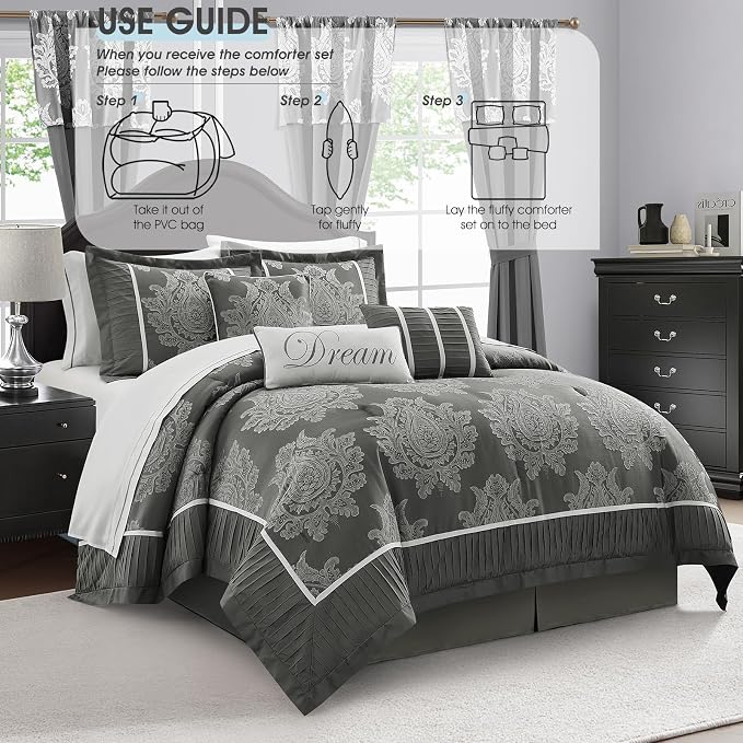 Grey King Size Comforter Set, 15 Pieces, Damask Jacquard Woven, Bedding Set with Sheets, Room in a Bag, Comforter, Bed Skirt, Pillow Shams and Decor Pillows, Curtains