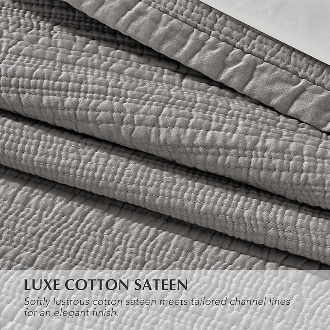 EVERGRACEHOME Cotton Sateen Channel Quilt Set, Queen Size, Fog Gray | 100% Cotton, Pre-Washed Soft Coverlet Bedspread, 3-Piece Refined Channel Stitch Bedding Set for All Season, 2 Pillow Shams