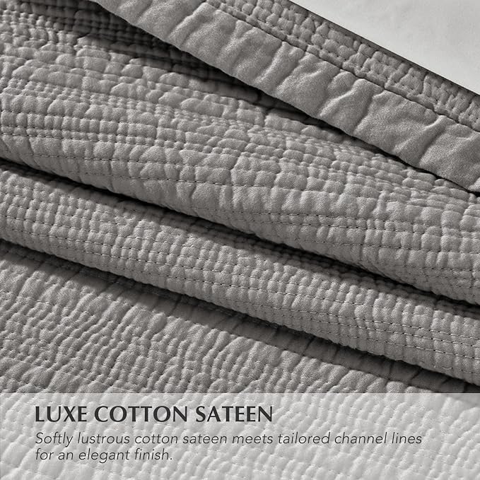 EVERGRACEHOME Cotton Sateen Channel Quilt Set, King Size, Fog Gray | 100% Cotton, Pre-Washed Soft Coverlet Bedspread, 3-Piece Refined Channel Stitch Bedding Set for All Season, 2 Pillow Shams
