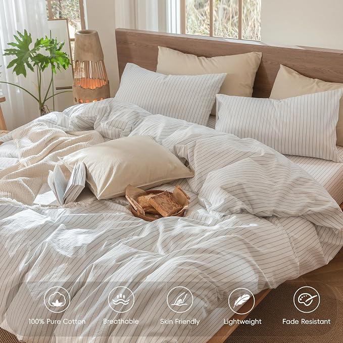 MooMee Striped Duvet Cover Set 100% Washed Cotton Linen Like | Relaxed Linen-like Texture. Soft, Breathable & Long-lasting Comfort. Lightweight. Hidden Zipper with 8 Interior Corner Ties