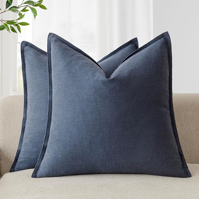 Foindtower Linen Solid Decorative Throw Pillow Covers 16x16 Inch Navy Blue | Pack of 2 Boho Farmhouse Morden Pillowcase,Accent Neutral Cushion Covers,Home Decor for Chair Couch Sofa Bedroom Living Room