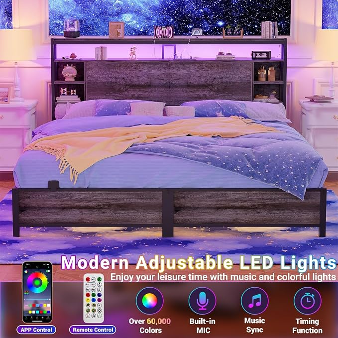 Unikito King Size Headboard with Storage, Headboards with Outlets and RGB LED Light, Sturdy Head Board for King Size Bed, Stable Only for Bedroom, Dorm Room, Guest Room, Black Oak