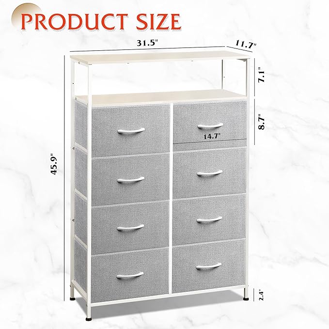 WLIVE 8 Drawer Fabric Dresser Open Shelves, Tall Bedroom Chest, Light Grey | Light Grey 8 fabric drawers plus open shelves, steel frame with wood top, great for bedroom closet entryway and dorm storage