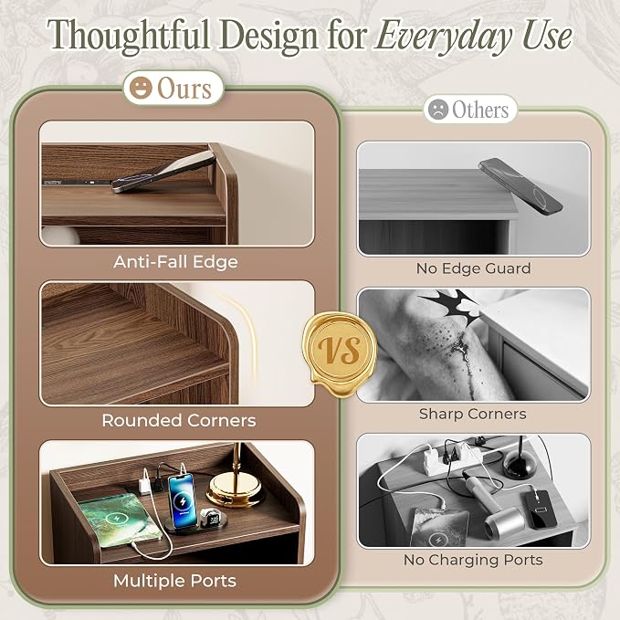 Huuger Nightstand with Charging Station, USB-C Port, End Table | Fluted Night Stand Bedside Table with Drawer, Solid Wood Feet, Open Storage, with Raised Edge, for Bedroom, Walnut