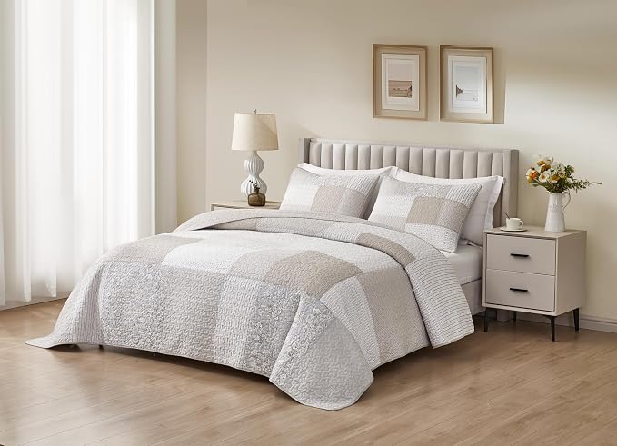 Chezmoi Collection Quinn 3-Piece Neutral Taupe Gray White Floral Hibiscus Flower Candy Stripe Patchwork Quilt Set - Pre-Washed Cotton Coverlet - Lightweight Reversible Bedspread, King Size