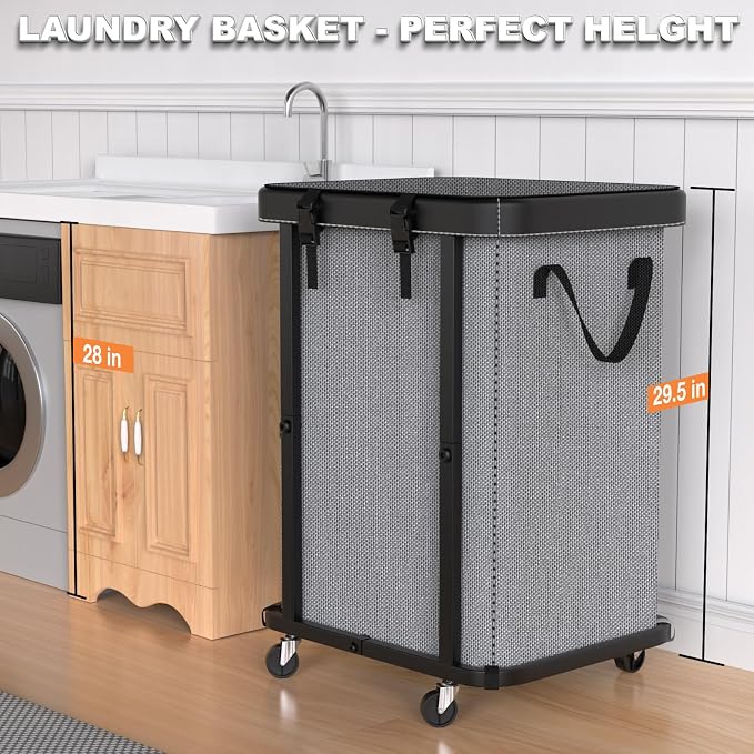 Laundry Basket with Wheels,150L (40 Gal) Rolling Hamper Carts - Gary | Leather Patchwork Laundry Hamper,Sturdy Metal Frame, Removable Washable Bag, Tall Clothes Sorter for Bedroom, Laundry Room