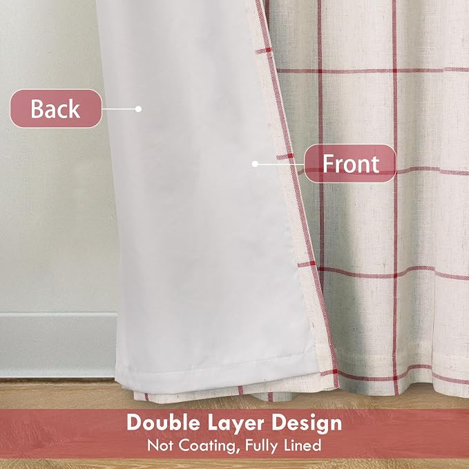 DriftAway 100% Blackout Plaid Linen Curtains 63 Inches Long 2 Panels Red | 100% Blackout, Linen Texture, Plaid Pattern, Two Layers, Rod Pocket & Back Tab, Bedroom Living Room Use, Luxury Appearance