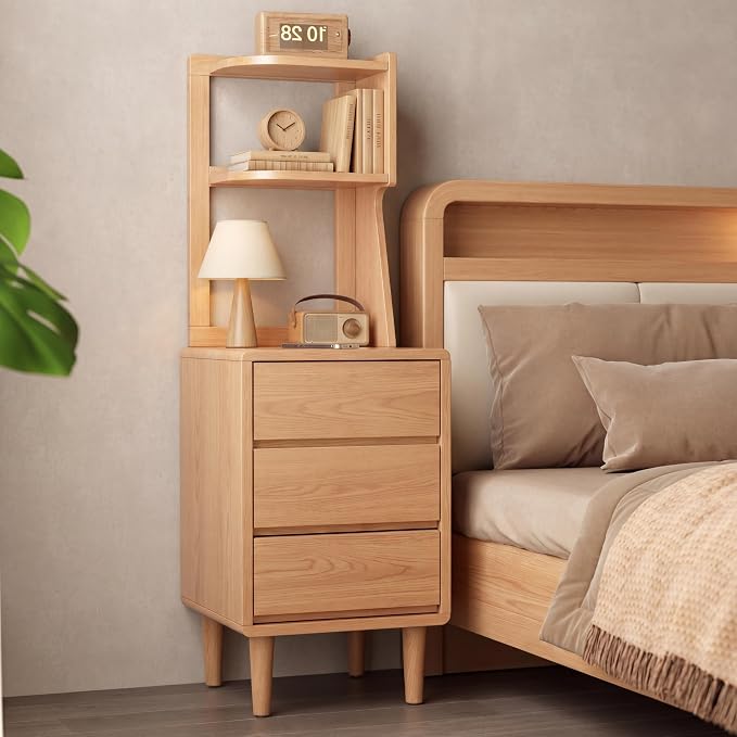 Solid Wood Bookshelf Nightstand Combo, Tall Nightstand with Bookshelf | Oak Nightstand Bookshelf,Narrow Nightstand with Drawers,Open Shelf Bookcase,for Bedroom,Living Room,Offices