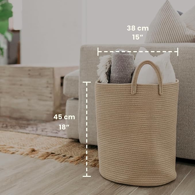 OrganiHaus Tall Cotton Rope Laundry Basket & Hamper, Blanket Storage 52L | Full Honey - Tall Cotton Rope Hamper, 52L