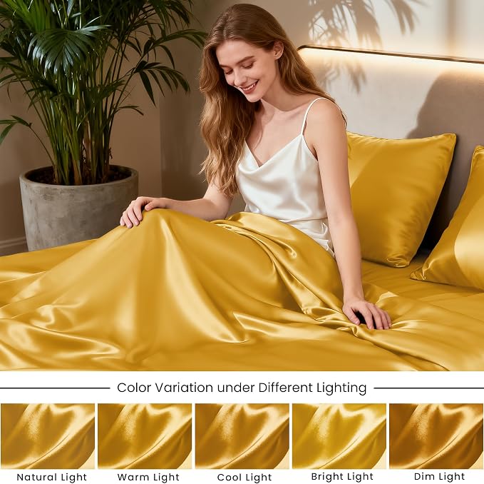 Love's cabin Full Size Satin Sheet Sets - 4 Piece Gold Silky Sheet Set with Deep Pocket, Luxury Silk Feel Satin Sheets Full Bedding Set (1 Flat Sheet,1 Fitted Sheet,2 Pillow Cases)