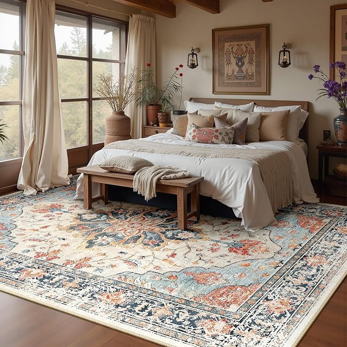 RELEANY Washable Area Rug, Large 10'x14', Beige/Blue/Orange | Non-Slip, Water Repellent, Pet Friendly, Easy to Clean, Vintage Floral Boho Decor for Living Room Bedroom Dining Room