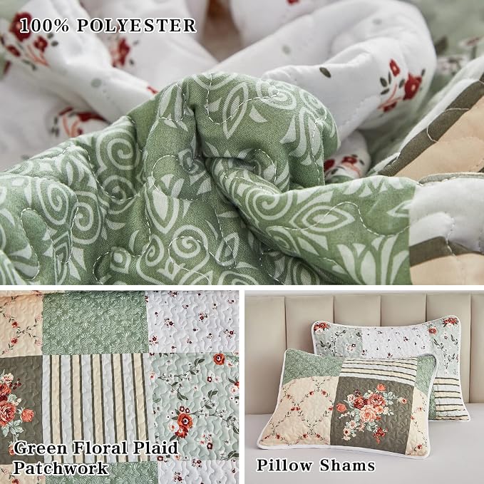 Patchwork Quilt Set California King Size, 3 Pieces Green Floral Plaid Summer Bedspread Coverlet Set, Soft Microfiber Lightweight Bed Cover for All Season (102" x 114", 1 Quilt+ 2 Pillow Shams)
