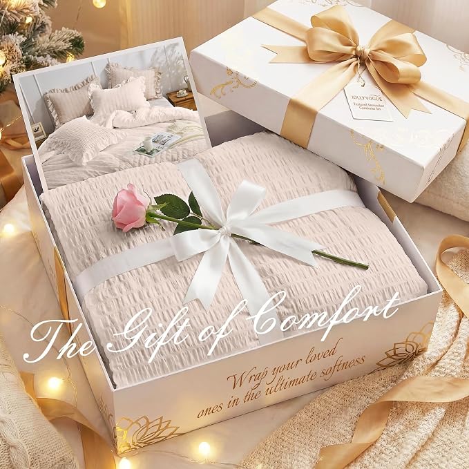 JOLLYVOGUE Oversized King Comforter Set, 3 Pieces Beige Seersucker Comforters, Lightweight & Fluffy Bedding Sets for All Season with 1 Ruffle Comforter and 2 Ruffle Pillowshams