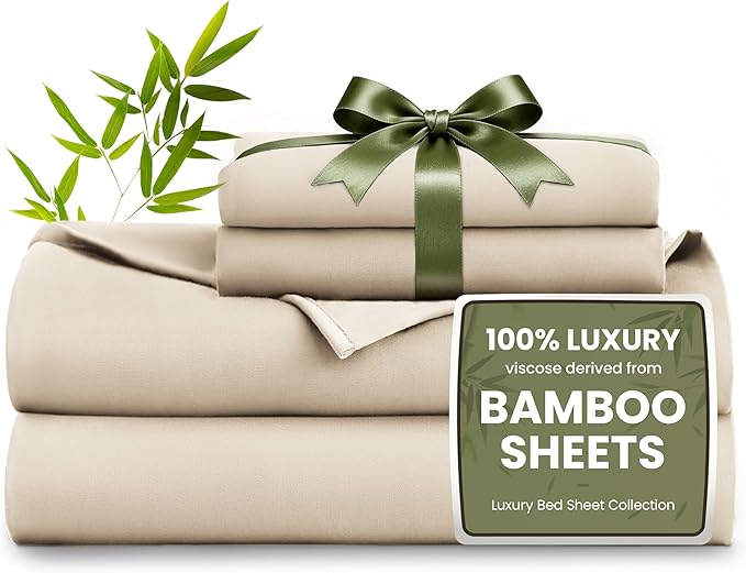 Love's cabin 4 Piece King Size Sheet Set, 100% Rayon Derived from Bamboo, Cooling & Breathable, Soft Silky Deep Pocket up to 16", Hotel Luxury Bedding for Hot Sleepers, Dark Beige