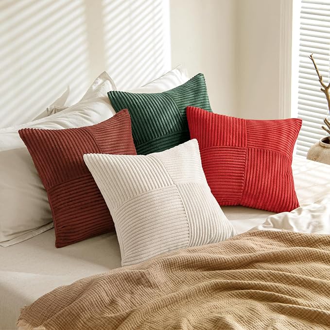 MIULEE Boho Christmas Red Decorative Throw Pillow Covers 18x18 Set of 4 Farmhouse Cushion Covers Color-Clash Corduroy Pillow Cases Modern Soft Corduroy Patchwork Home Decor for Couch Sofa Bedroom