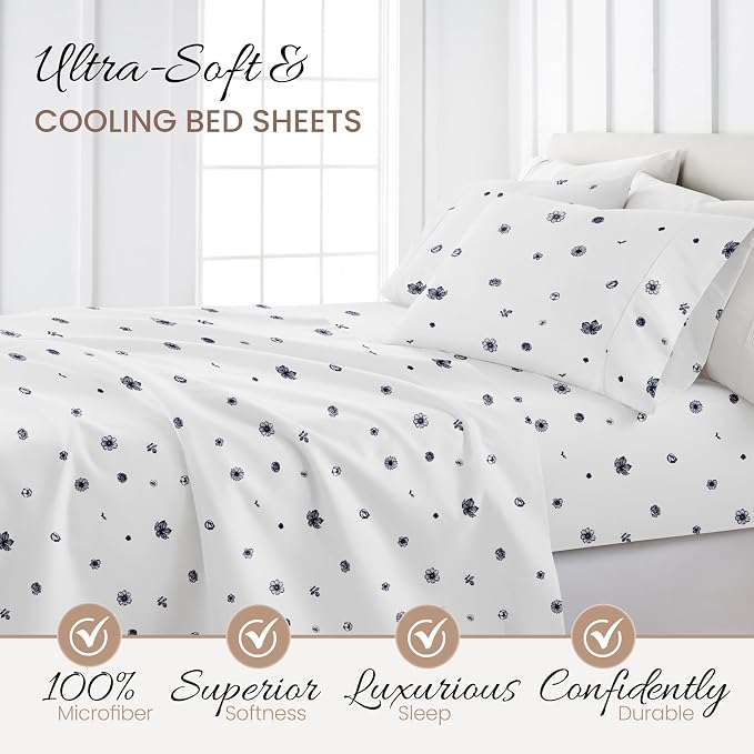 Linen Market Patterned Microfiber Full Sheet Set 4 Piece – Oeko-TEX Certified Ultra Soft & Wrinkle-Free - 16" Deep Pocket Sheets - Easy Care Full Size - Indigo Flowers Navy