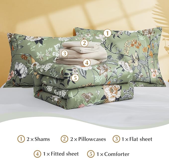 Queen Comforter Set - 7 Pieces Soft Floral Bed in a Bag Queen Bedding Sets | Green Botanical Texture Flowers Comforter Set with Sheets, Pillowcases & Shams for All Seasons