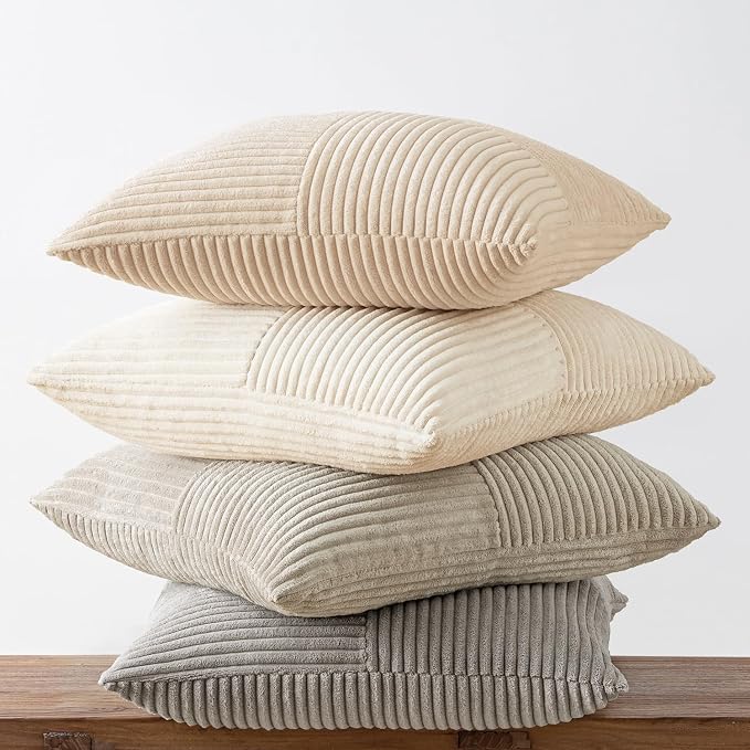 MIULEE Neutral Decorative Throw Pillow Covers 20x20 Inch Set of 4 for Livingroom Couch Sofa Modern Farmhouse Soft Corduroy Cushion Cases Striped Patchwork Home Decor (Cream,Grey)