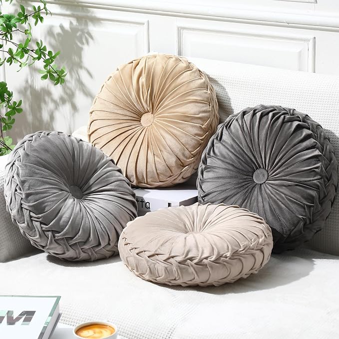 Kathfly 4 Pcs Round Throw Pillows Velvet,Beige, Khaki, Gray, Dark Gray | Pleated Pumpkin Design, Soft Velvet Fabric for Bed Sofa Chair, 14 Inch Diameter Floor Cushion, Elegant Home Decor Accent