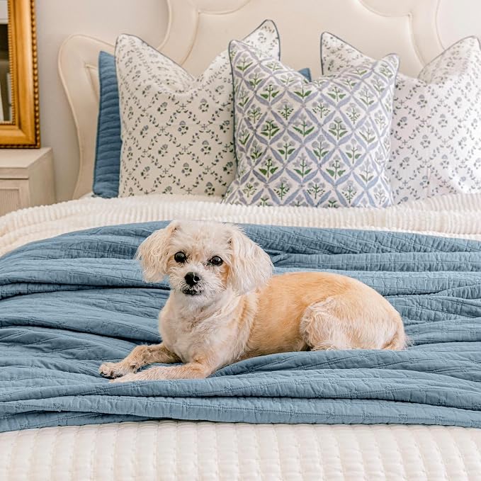 x Kinsey Walsh 100% Cotton Cross Stitch Quilt, King, Dusty Blue | 100% Cotton, Elegant Cross Stitch, Soft & Breathable, Prewashed Softness, Oversized Design, OEKO-TEX® Certified