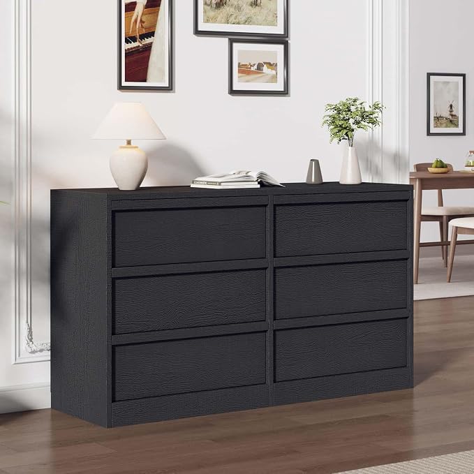Garvee 6 Dresser for Bedroom, 46.7" Wide Dresser, Freestanding Horizontal Drawer with Storage, Wooden Closet Chest Storage for Living Room, Hallway, Entryway, Black