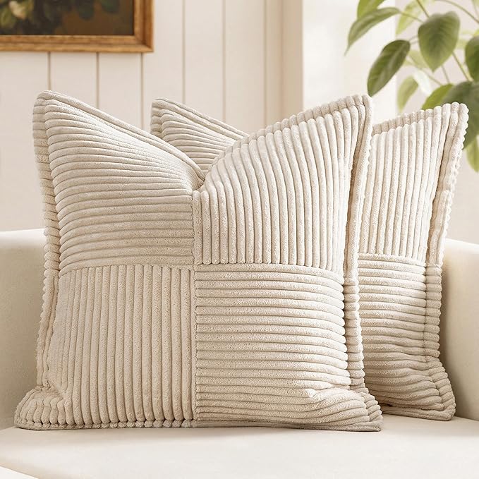 MIULEE Decorative Throw Pillow Covers for Couch 18x18 Inch Beige 2 Pack | Boho Broadside Striped Patchwork Pillow Covers, Soft Corduroy Cushion Cases, For Sofa Bed Livingroom Home Decor