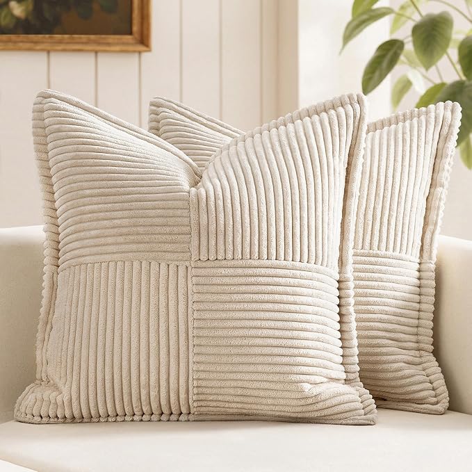 MIULEE Decorative Throw Pillow Covers for Couch 16x16 Inch Beige 2 Pack | Boho Broadside Striped Patchwork Pillow Covers, Soft Corduroy Cushion Cases, For Sofa Bed Livingroom Home Decor