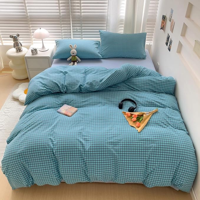 LifeTB Twin XL Comforter Set Blue Grey Gingham Comforter 3 Pieces Modern Plaid Grid Pattern Comforter Set Soft Lightweight Gingham Bedding Set Fluffy Plaid Checkered Comforter with 2 Pillowcases