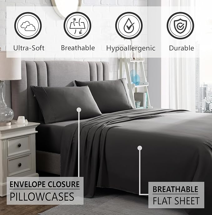 American Home Collection King Sheet Set - Ultra-Soft Microfiber 15-Inch Deep Pocket - Wrinkle Free and Fade Resistant (Dark Gray)