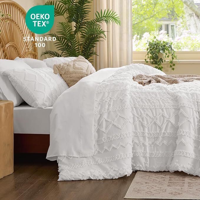BEDELITE Twin Comforter Set 5 Pieces,Boho Bed in a Bag,White | Tufted Bed Set for All Seasons,Soft Farmhouse-Style Embroidery Bedding,Includes Flat & Fitted Sheets,1 Pillowcase & 1 Sham