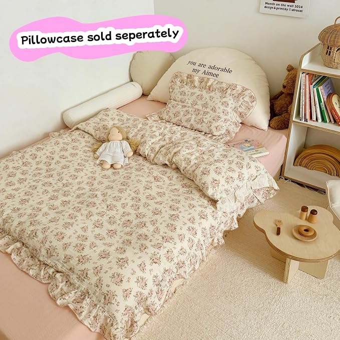 Girls Toddler Kids Duvet Cover Pink Floral Chic Duvet Covers with Ruffles Muslin Cotton Soft Comforter Cover, 47"x59", Soft Lightweight, Machine Wash, No Pillowcases/Comforter