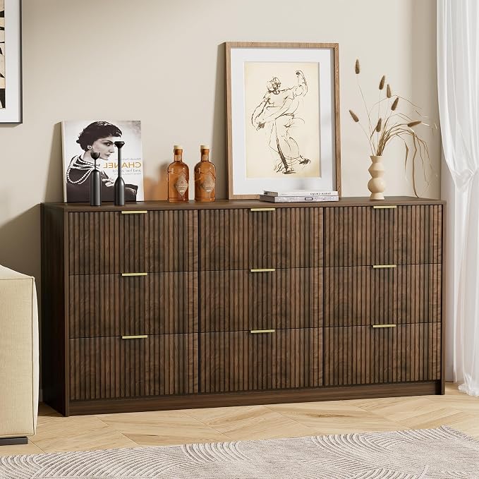 Furniway Walnut Dresser for Bedroom, Modern Dresser with 9 Drawers and Smooth Slides, Wide Chest of Drawers with Golden Handles for Bedroom, Living Room, Closet, 15.7" D x 63" W x 31.5" H
