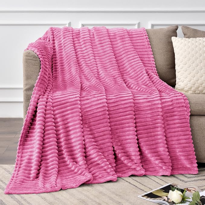 BEDELITE Ribbed Jacquard Hot Pink Fleece Twin Blanket for Couch, 60x80 Inch | Soft Warm Fluffy Blanket for Bed Sofa College Dorm Room Decor, Luxury Cozy Plush Birthday Gifts for Women Girls, Lightweight