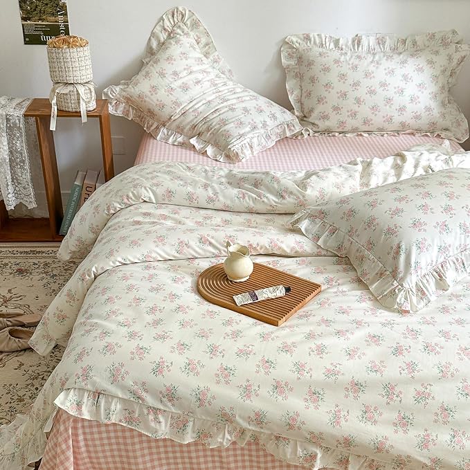mixinni Pink Floral Duvet Cover Set King Size - 100% Cotton Ruffle Lace Bedding Set for Girls, Romantic Cottagecore Style Duvet Cover with Zipper Closure, Soft Aesthetic Princess Bedding-King