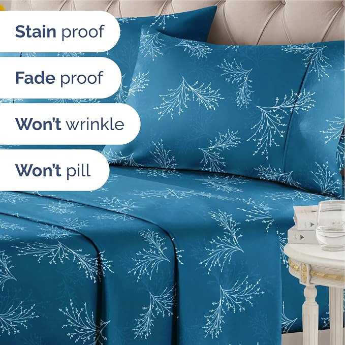 King 4 Piece Floral Sheet Set - Soft, Breathable & Cooling - Sea Spray | 1 Flat, 1 Fitted & 2 Pillowcases w/ Deep Pockets, Boho Botanical Floral Bedding, Breathable & Cooling, Wrinkle & Fade Free