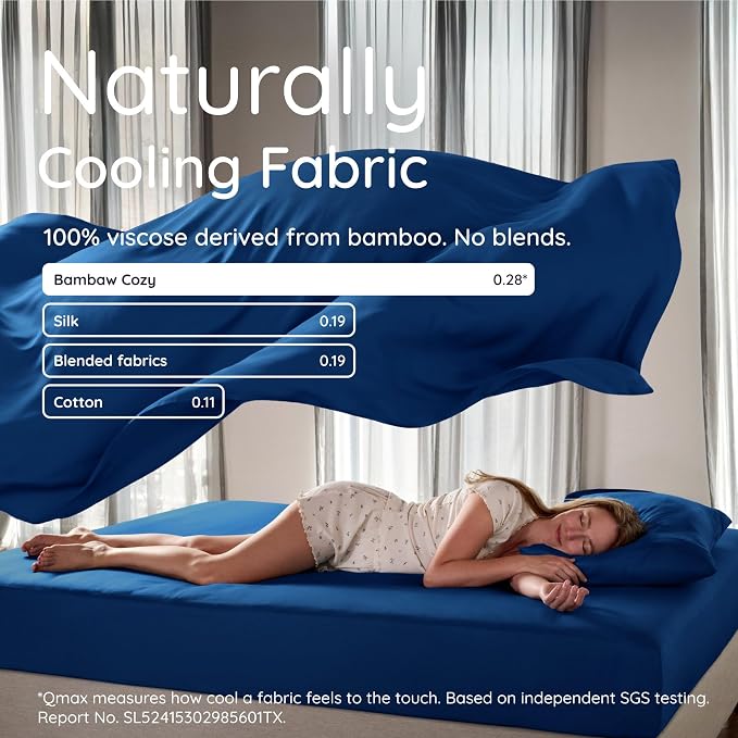 Bambaw 100% Viscose Derived from Bamboo Fitted Sheets Queen Size, Cooling Fitted Sheets Queen Size, 16’’ Deep Pocket Navy Blue Fitted Sheet, Breathable Queen Mattress Fitted Sheet Only (Navy Blue)