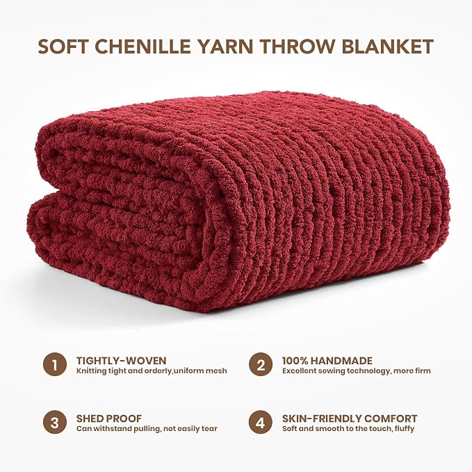 L'AGRATY Chunky Knit Throw Blanket for Couch, 50 x 60 Inches, Maroon Red | Handmade Chenille Crochet Blanket for Sofa Bed, Thick Cable Knitted Blankets for Room Home Decor, Birthday Gift for Women Mom