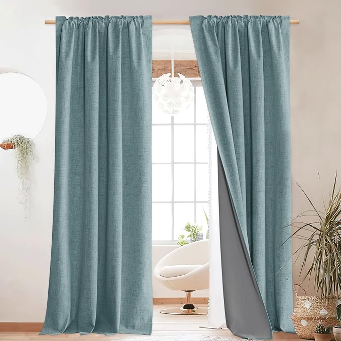 NICETOWN 102 inch Blackout Linen Curtains for Bedroom 2 PCs, Skylark Blue | Vintage Living Room Curtains Farmhouse Style, Keep Cool & Warm Large Window Drapes for Loft, Apartment, W52" x L102"