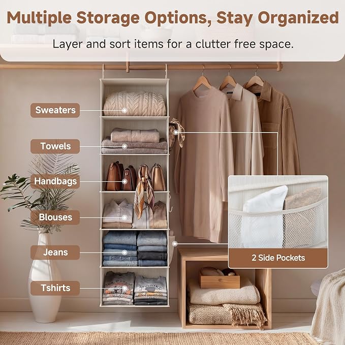 StorageWorks Hanging Closet Organizer, 6-Shelf with 2-in-1 Design, Ivory | Maximize Closet Space with Reinforced Shelves, Small Closet Storage Solution for Bedrooms, Dorms and RVs, Jumbo