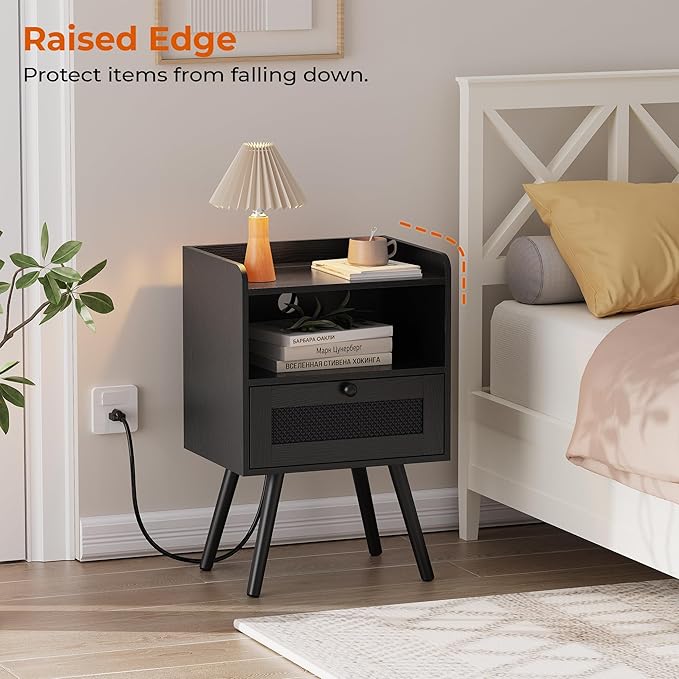 SUPERJARE Nightstands with Charging Station, Set of 2, All Black | Bedside Table with Texilene Surface Drawers, Rattan Side Table with Storage & Solid Wood Feet, End Table for Bedroom