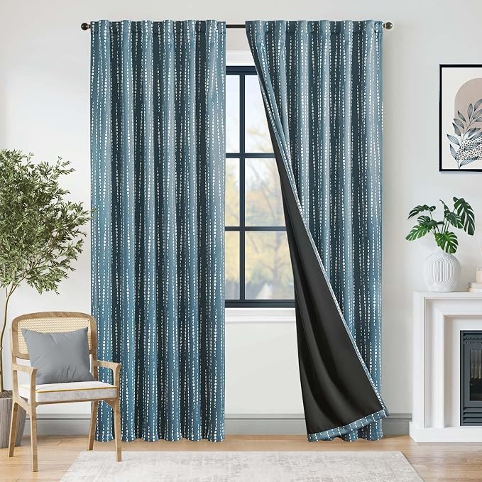 jinchan Boho Blackout Curtains 84 Inches Long Moon Phase Printed Drapes | Blue Farmhouse Curtains for Bedroom Living Room Back Tab Drapes Room Darkening Window Treatments 2 Panels